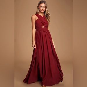 Lulu’s Divine Inspiration bridesmaid maxi dress. Burgundy wine red size xs